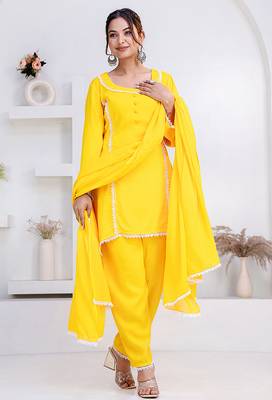 Yellow lace button solid rayon stitched a-line pant suit set 1