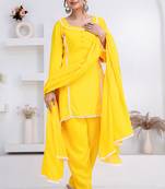 Yellow lace button solid rayon stitched a-line pant suit set