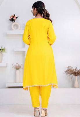 Yellow lace button solid rayon stitched a-line pant suit set 2