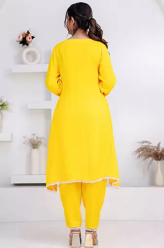 Yellow lace button solid rayon stitched a-line pant suit set