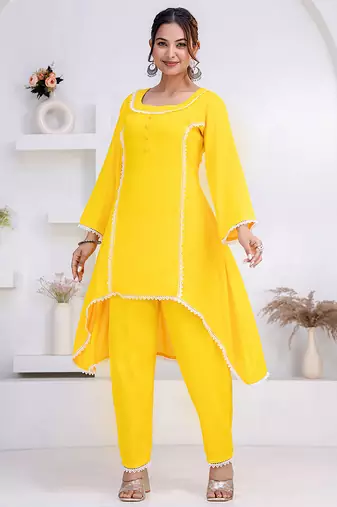 Yellow lace button solid rayon stitched a-line pant suit set