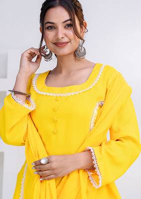 Yellow lace button solid rayon stitched a-line pant suit set 4