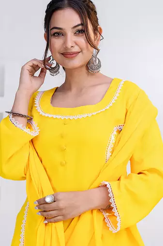 Yellow lace button solid rayon stitched a-line pant suit set