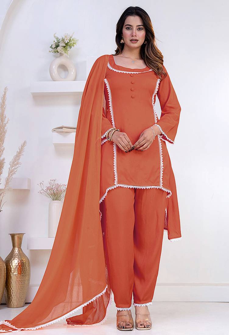 Peach lace button solid rayon stitched a-line pant suit set