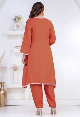 Peach lace button solid rayon stitched a-line pant suit set 2