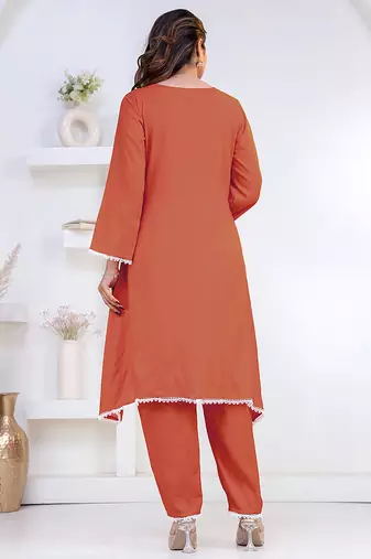 Peach lace button solid rayon stitched a-line pant suit set