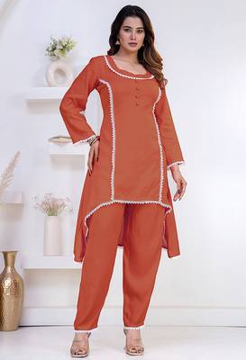 Peach lace button solid rayon stitched a-line pant suit set 3