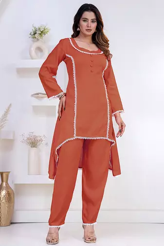 Peach lace button solid rayon stitched a-line pant suit set