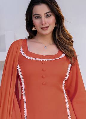 Peach lace button solid rayon stitched a-line pant suit set 4