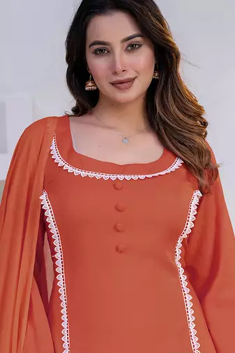 Peach lace button solid rayon stitched a-line pant suit set