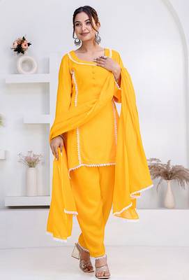 Mustard lace button solid rayon stitched a-line pant suit set 1