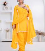 Mustard lace button solid rayon stitched a-line pant suit set