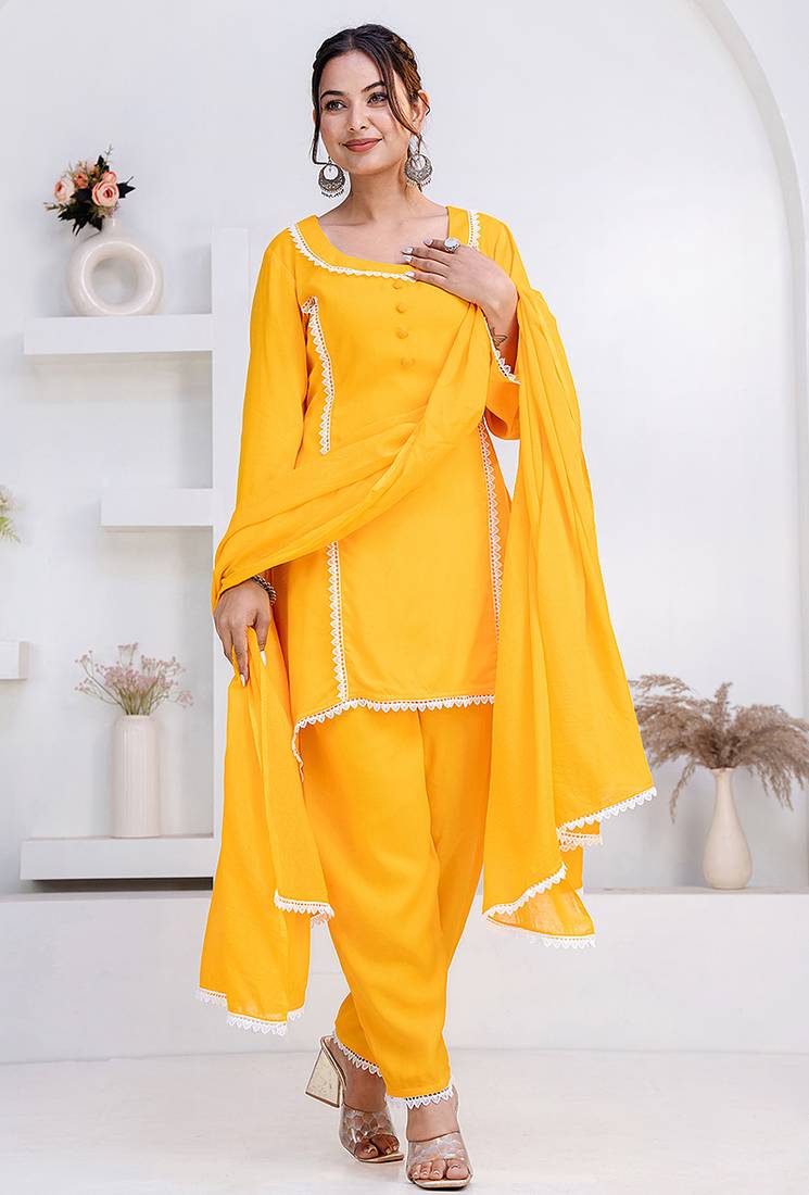 Mustard lace button solid rayon stitched a-line pant suit set