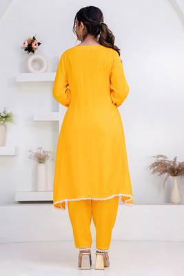 Mustard lace button solid rayon stitched a-line pant suit set 2