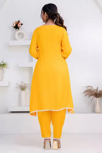 Mustard lace button solid rayon stitched a-line pant suit set
