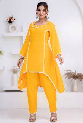 Mustard lace button solid rayon stitched a-line pant suit set 3