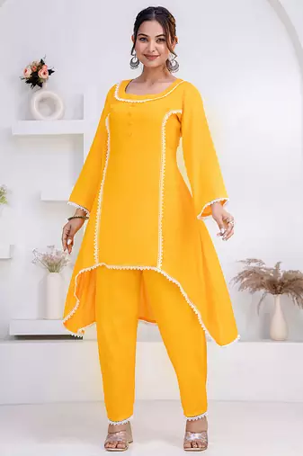 Mustard lace button solid rayon stitched a-line pant suit set