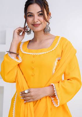 Mustard lace button solid rayon stitched a-line pant suit set 4