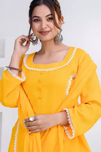 Mustard lace button solid rayon stitched a-line pant suit set