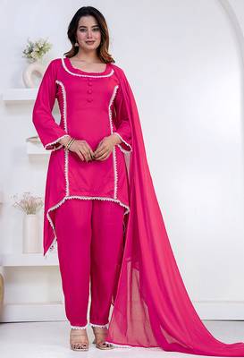Pink lace button solid rayon stitched a-line pant suit set 1