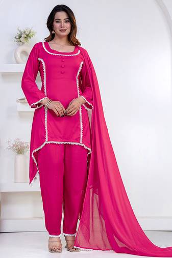 Pink lace button solid rayon stitched a-line pant suit set