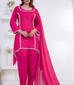 Pink lace button solid rayon stitched a-line pant suit set