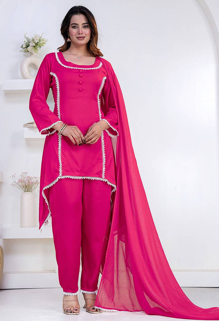 Pink lace button solid rayon stitched a-line pant suit set