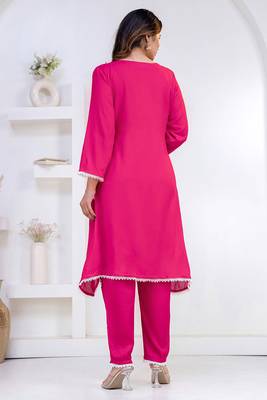 Pink lace button solid rayon stitched a-line pant suit set 2