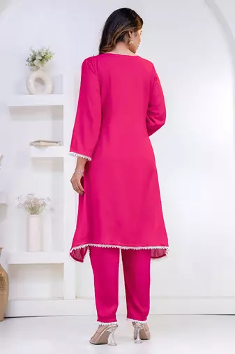 Pink lace button solid rayon stitched a-line pant suit set