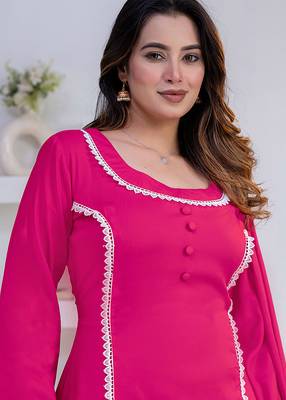 Pink lace button solid rayon stitched a-line pant suit set 4