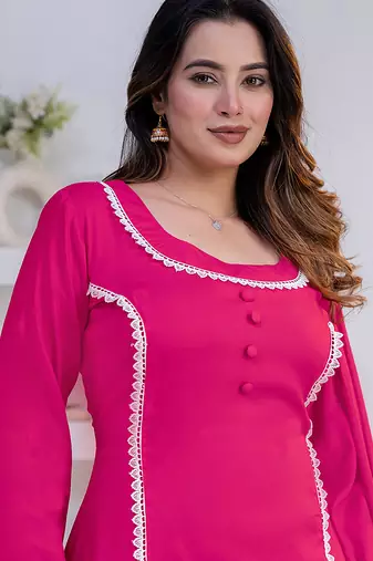 Pink lace button solid rayon stitched a-line pant suit set