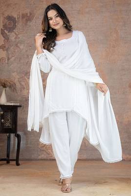 White lace button solid rayon stitched a-line pant suit set 1