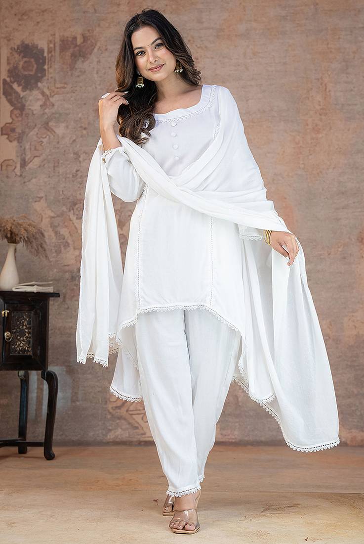 White lace button solid rayon stitched a-line pant suit set