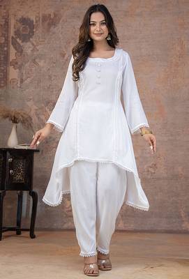 White lace button solid rayon stitched a-line pant suit set 3