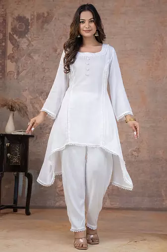 White lace button solid rayon stitched a-line pant suit set