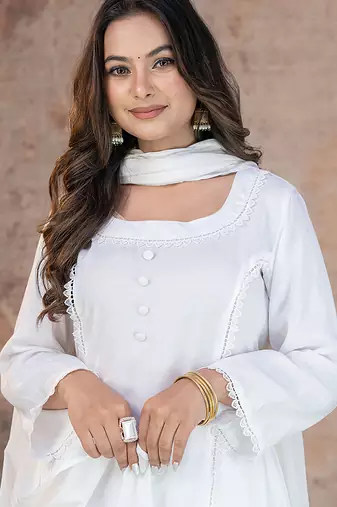 White lace button solid rayon stitched a-line pant suit set
