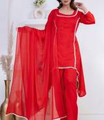Red lace button solid rayon stitched a-line pant suit set