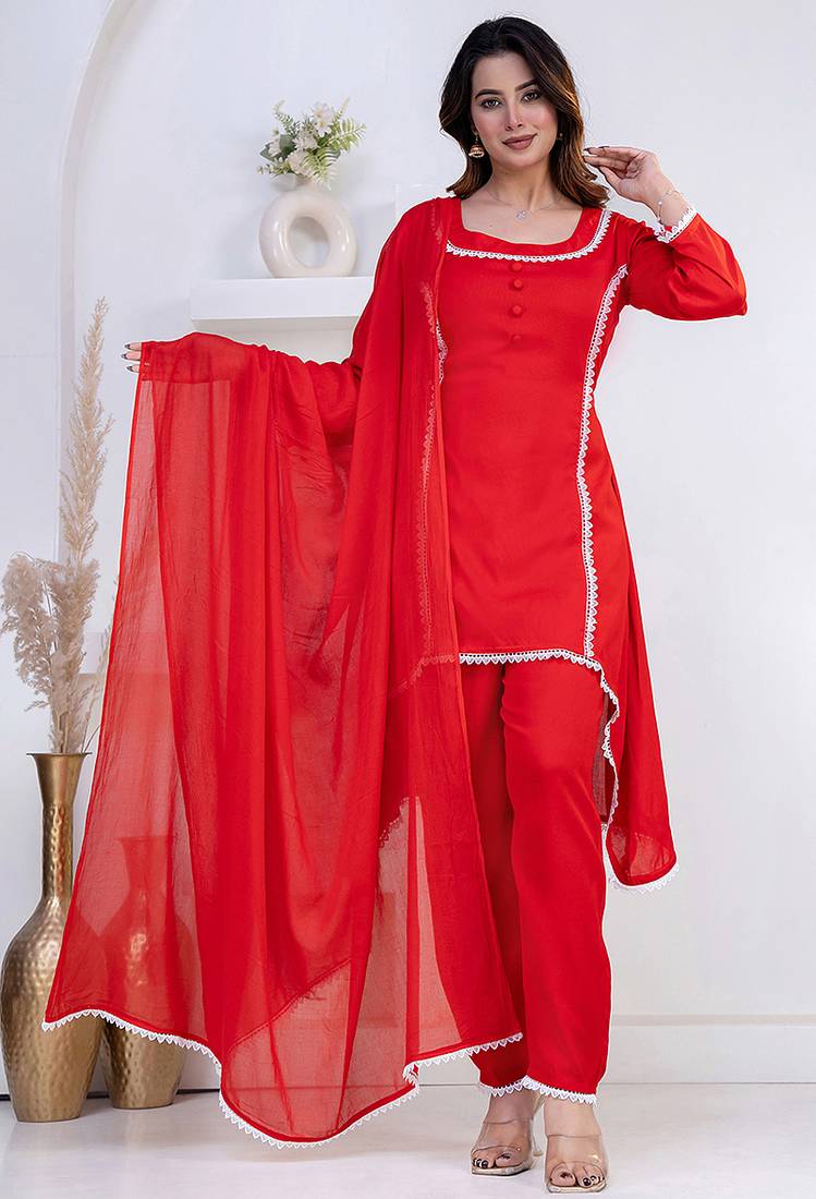 Red lace button solid rayon stitched a-line pant suit set