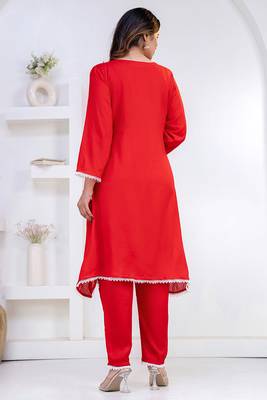 Red lace button solid rayon stitched a-line pant suit set 2