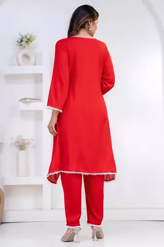 Red lace button solid rayon stitched a-line pant suit set