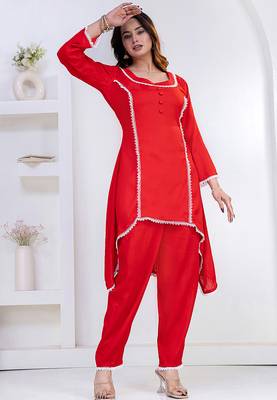 Red lace button solid rayon stitched a-line pant suit set 3