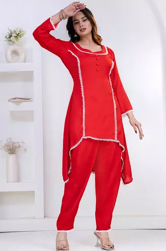 Red lace button solid rayon stitched a-line pant suit set