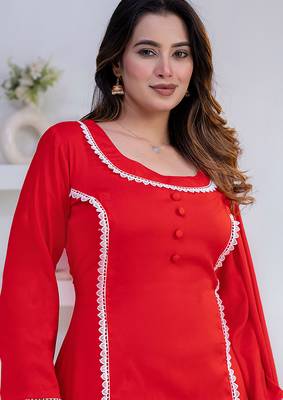 Red lace button solid rayon stitched a-line pant suit set 4