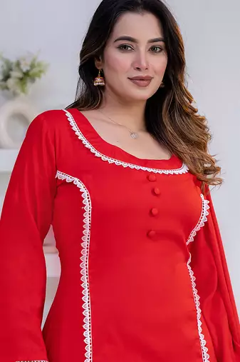 Red lace button solid rayon stitched a-line pant suit set