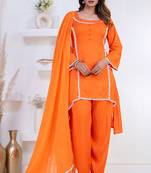 Orange lace button solid rayon stitched a-line pant suit set