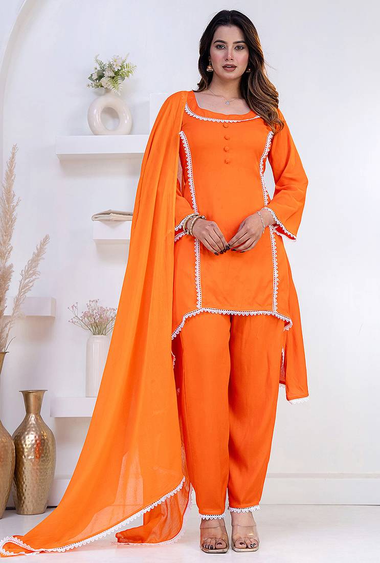 Orange lace button solid rayon stitched a-line pant suit set