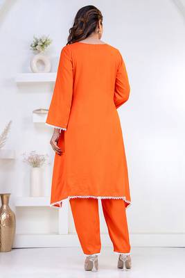 Orange lace button solid rayon stitched a-line pant suit set 2