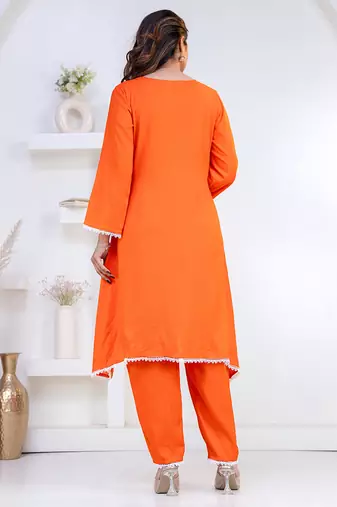 Orange lace button solid rayon stitched a-line pant suit set