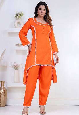 Orange lace button solid rayon stitched a-line pant suit set 3
