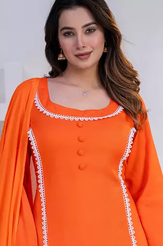 Orange lace button solid rayon stitched a-line pant suit set